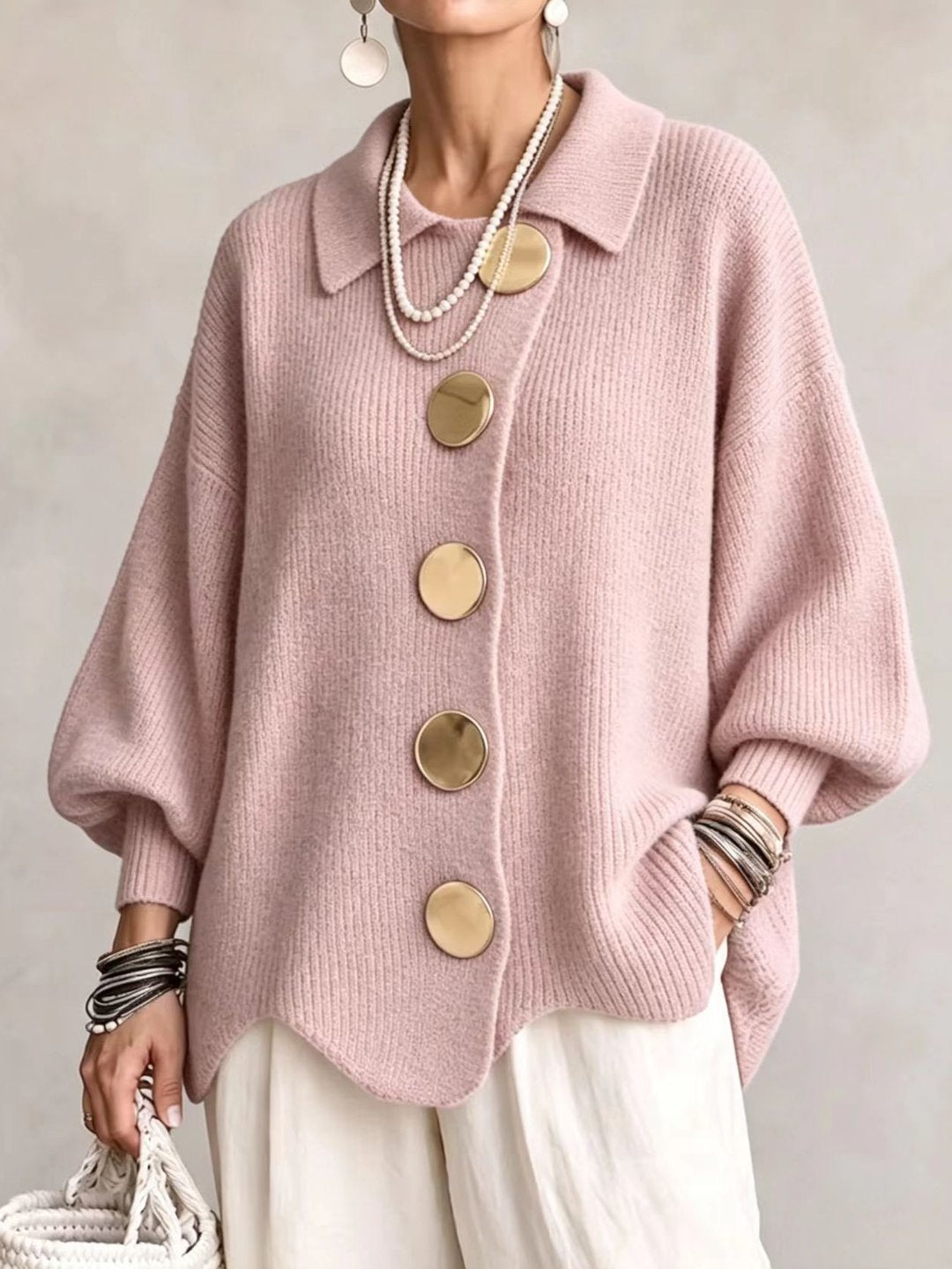 Stefania | Cardigan oversize con colletto e bottoni metallici
