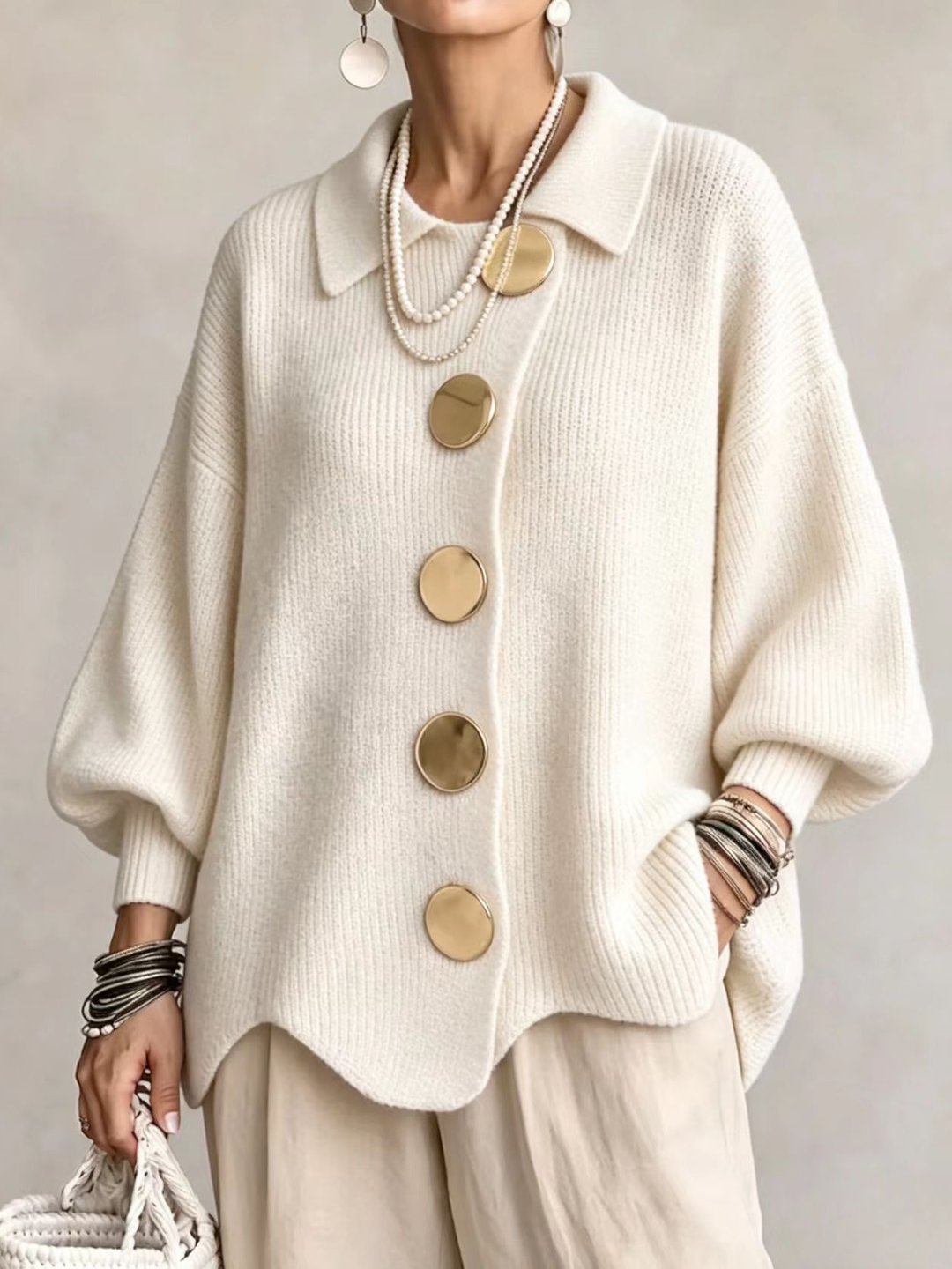Stefania | Cardigan oversize con colletto e bottoni metallici