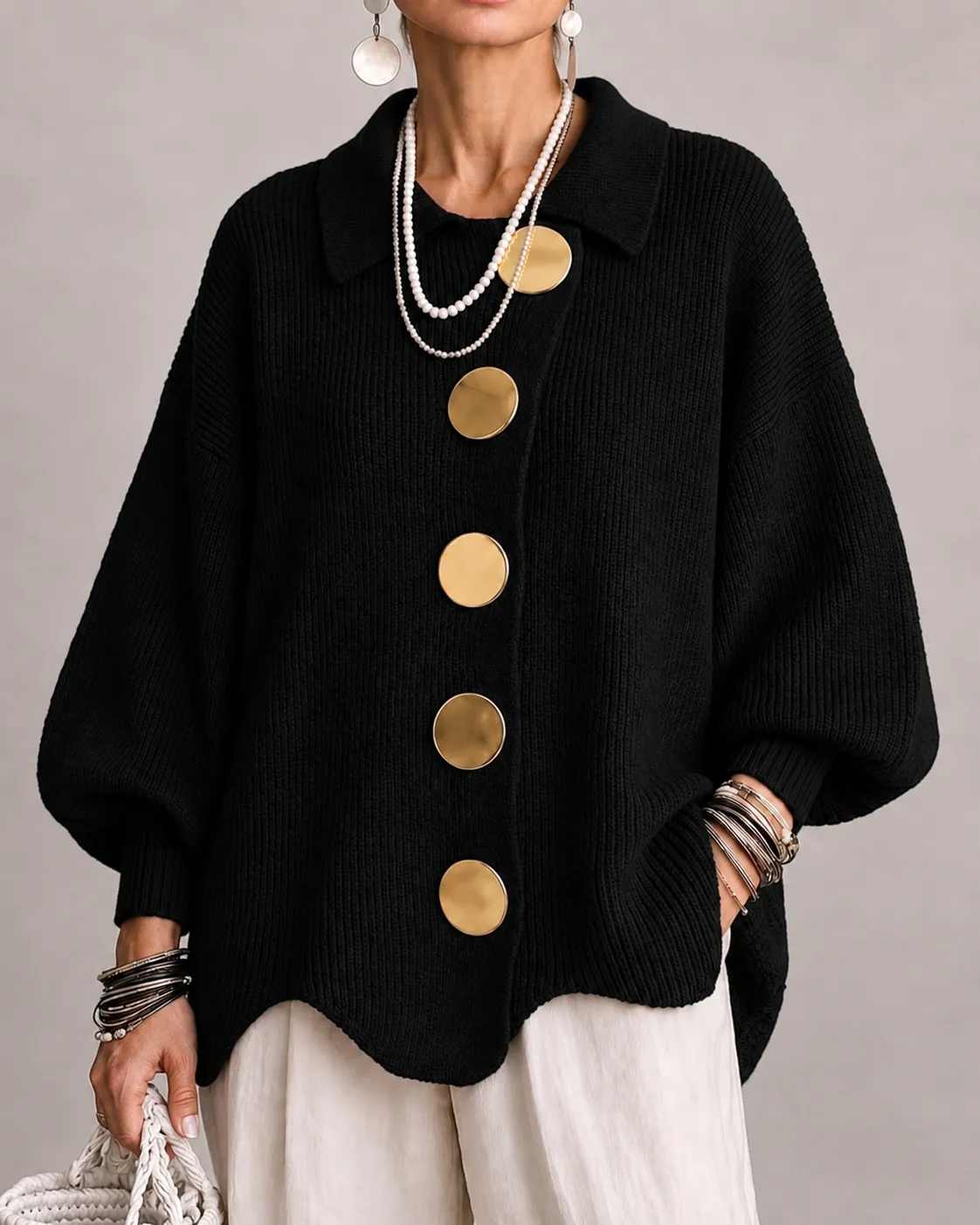 Stefania | Cardigan oversize con colletto e bottoni metallici